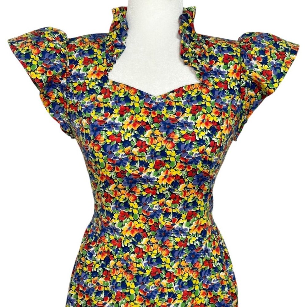 Vintage Leslie Lucks Petites Ruffle Collar Cap Sleeve Floral Dress Size 4 Petite - Picture 2 of 10
